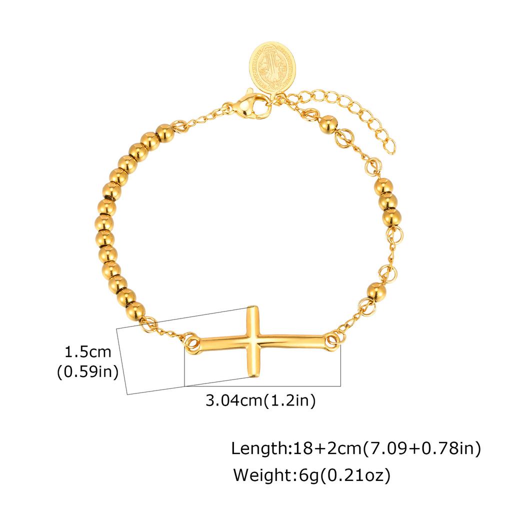 Stainless Steel Cross Bend St. Benedict Virgin Round Three-Color Beaded Gold Bracelet Women Br-2582