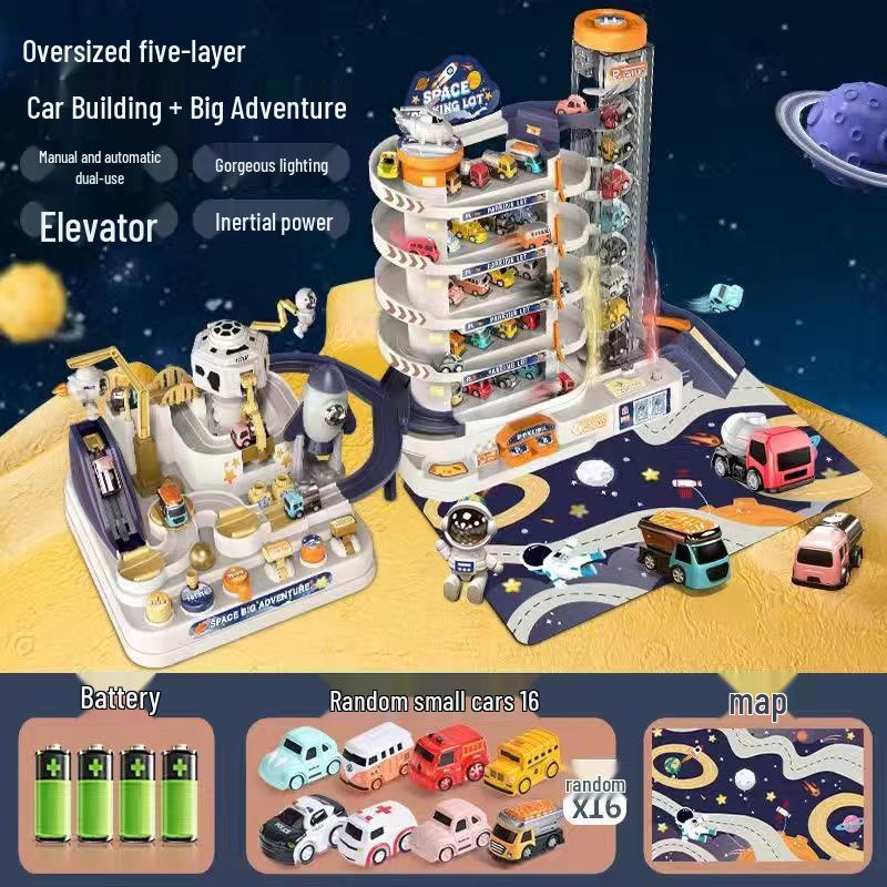 Kids' Space Adventure Parking Lot Toy with 9-Track Car Race for Ages 1-6