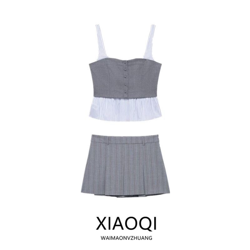 Fashion Wind 2025 Spring New Women's Poplin Stripes Patchwork Easy Matching Shoulder Strap Top and Skirt 2180437