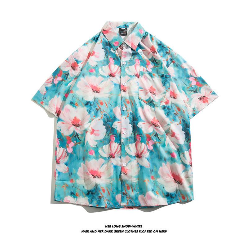 Hong Kong style short-sleeve shirt for men and women, couple's style, loose-fitting summer Hawaiian beach floral shirt