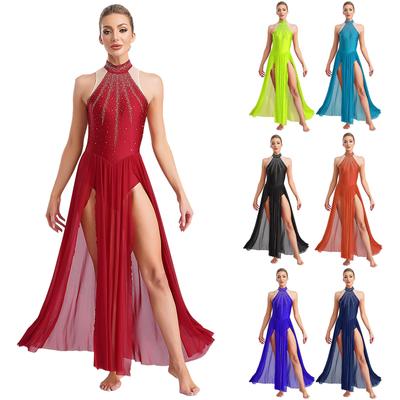 Womens Lyrical Dance Dress Performance Costume Keyhole Back Sleeveless Rhinestones Split Maxi Dress Figure Ice Skating Dancewear