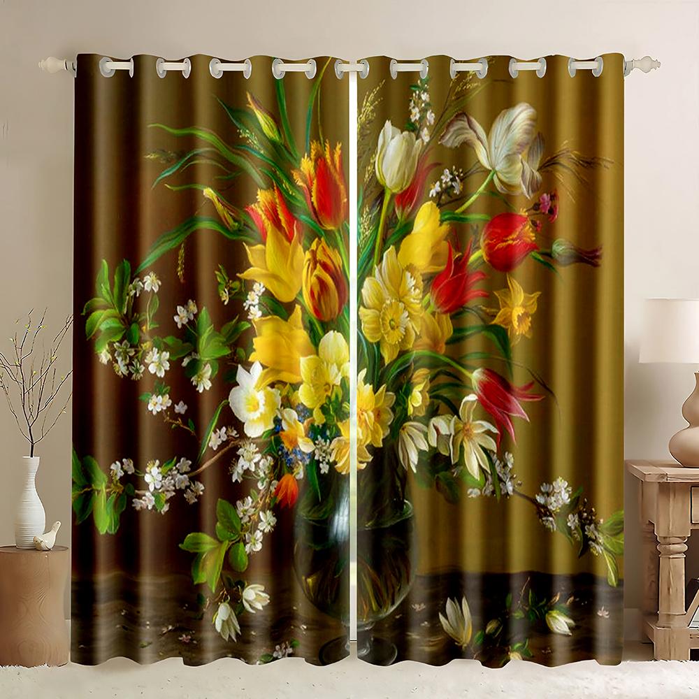 Oil Painting Floral Thick Blackout Window Curtains,Pink Rose Colorful Flowers Curtain Printed,Romantic Floral Window Curtains