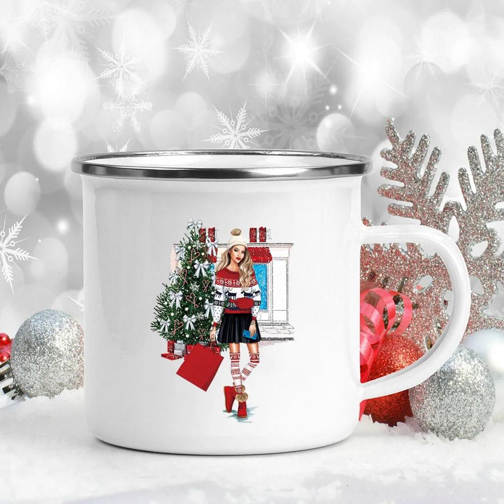 Happy Holidays! Printed Mugs Enamel Handle Drink Beer Juice Cups Girl Christmas Tree Coffee Cup Xmas Eve Gift For Lover  Friend