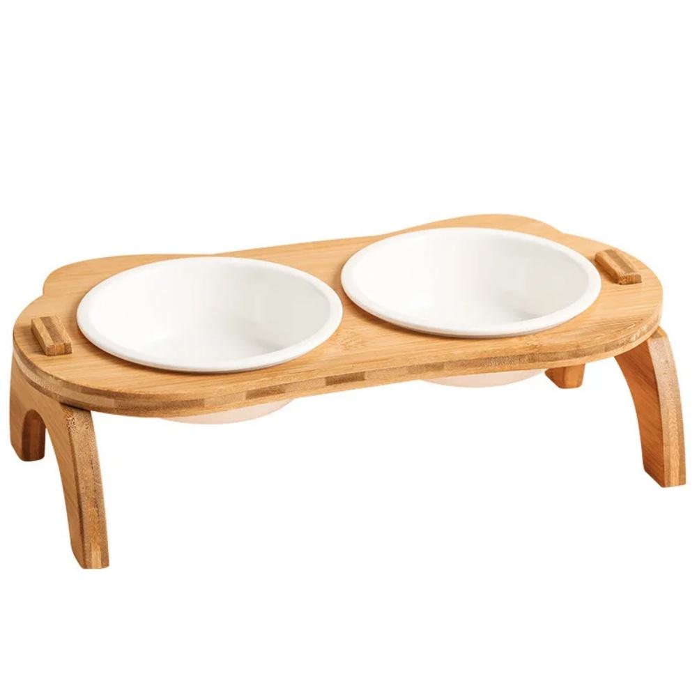 Wooden Ceramic Pet Bowl Cat and Dog Supplies Single Double Bowl with Oblique Mouth High Foot Leak Proof Pet Food Bowl and Feeder