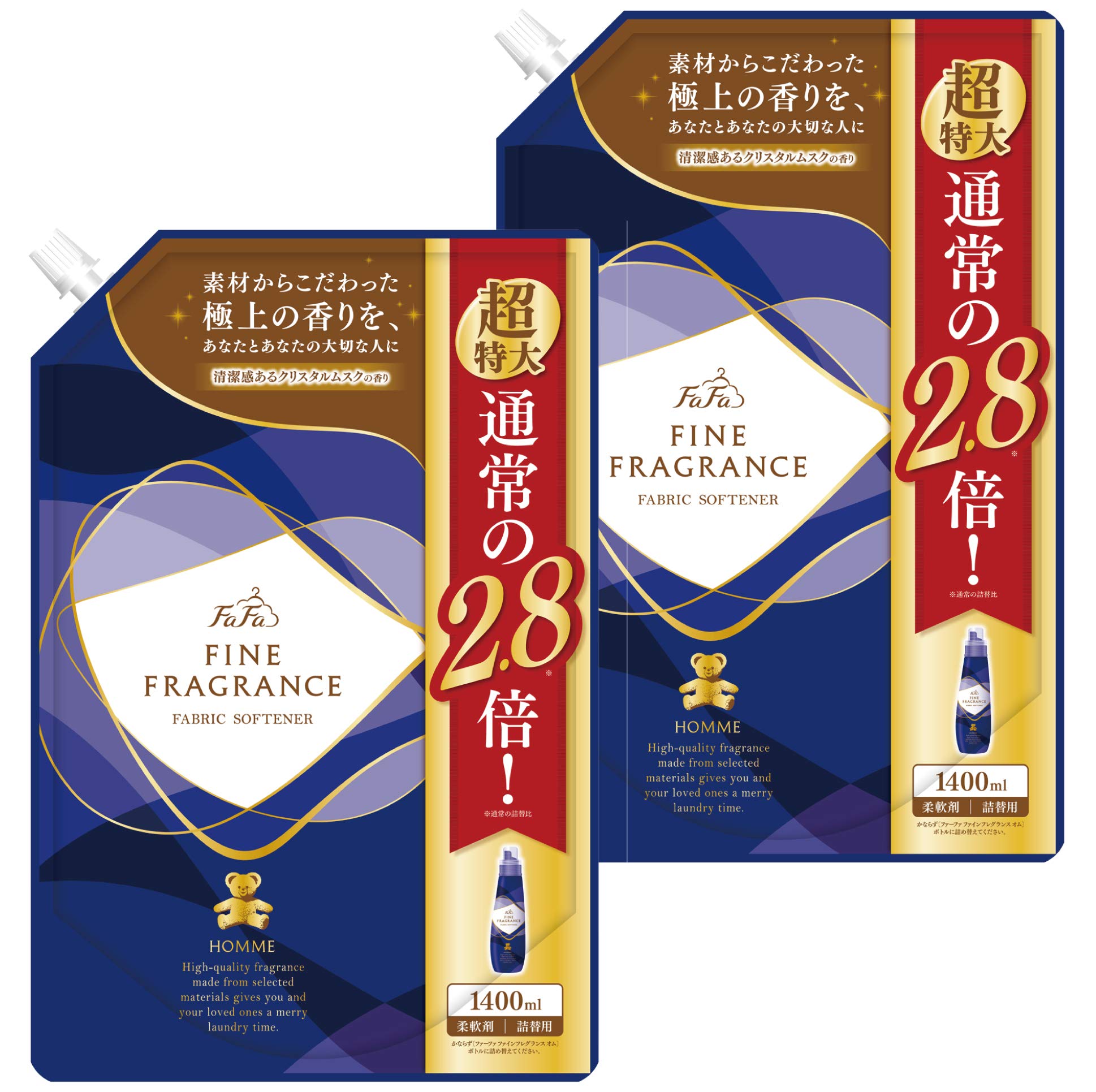 

Кондиционер для белья FaFa Fine Fragrance Homme Экстра большой Кристаллический мускус Набор из 2 штук Запасной блок, (1400 мл), Аромат,