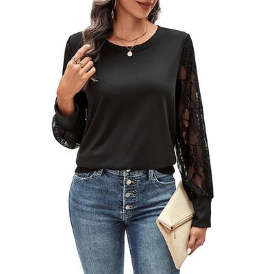 Spring and Autumn Women's Blouse Patchwork Sleeve Lace Black Long Sleeve Top