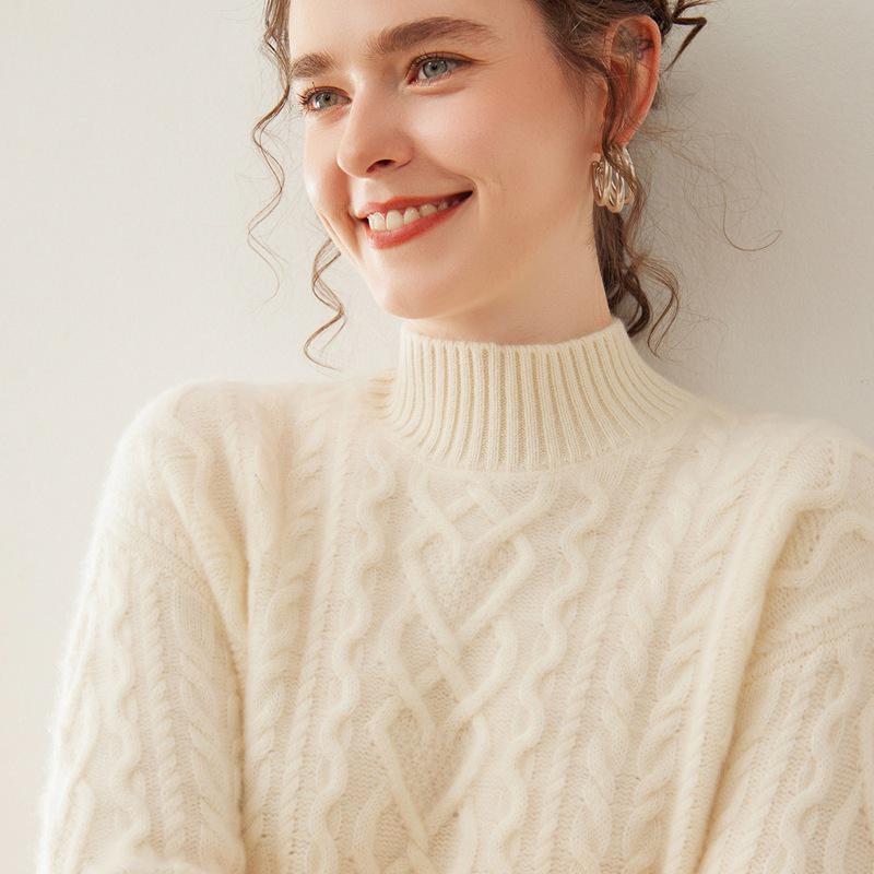Women's Thickened Cashmere Sweater: Soft, Skin-Friendly Half-High Collar Cable Knit for Autumn/Winter