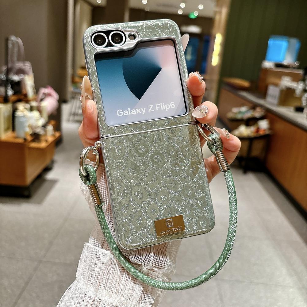 Shimmering Leopard Print Phone Case for Samsung Z Flip 8 flip7 fe Galaxy Z Flip 7 6 5 Silver-edged Side Buckle Protective Cover