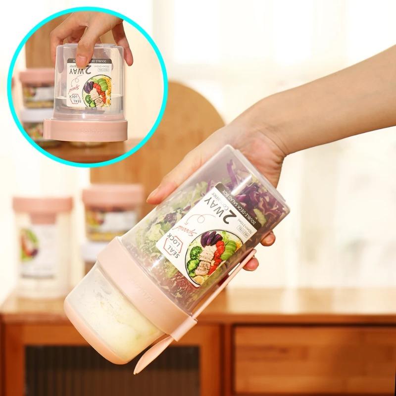 Sallad Havregrynsmugg 500ml+300ml Läcksäkert Lock med Gaffel Sked Handledsrem Bärbar Bento Matlåda för Kontor Gym Resa
