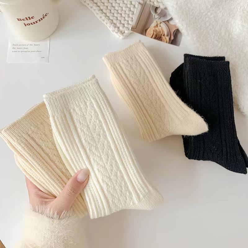Lot New Cashmere Wool Socks Women's Winter Thicken Warm Black White Pack Set Thermal Japanese Fashion Solid Color