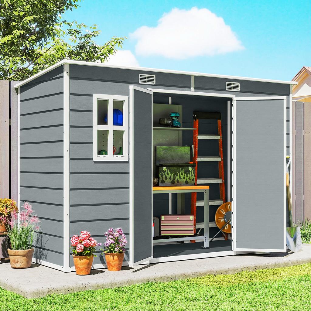 10 X 4 Ft Resin Garden Shed, Outdoor Storage Shed with Floor, Windows, Lockable Doors and Vents, Grey