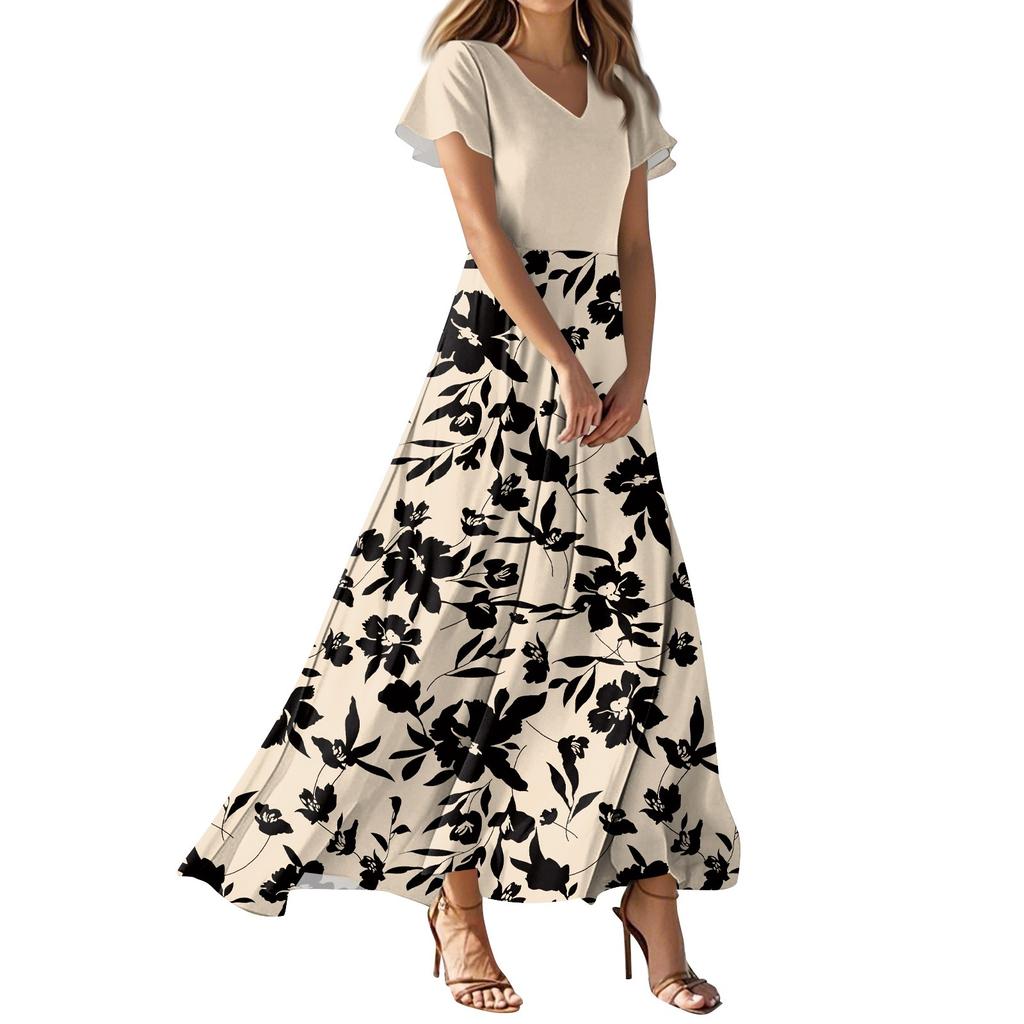 Women's Summer Dresses Casual Sundress Loose V Neck Flowy Ruffle Short Sleeve Dresses