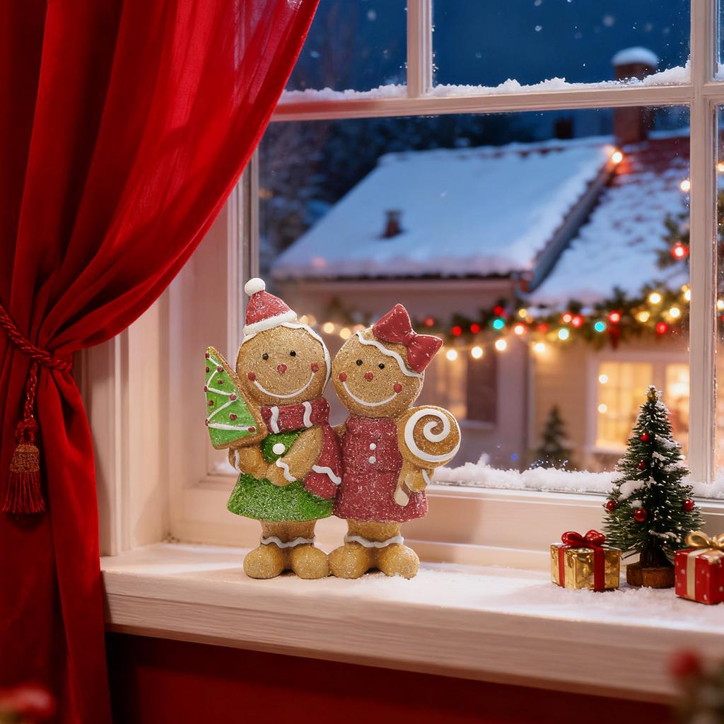 Christmas Gingerbread Couple Resin Figurine – Hand-Painted Holiday Décor, Boy With Tree Cookie & Girl With Bow And Lollipop, Tabletop/Mantel