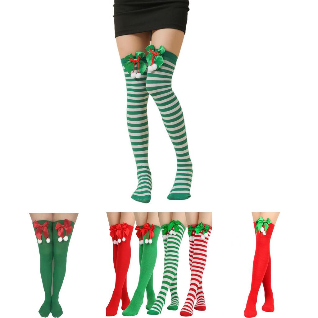 Striking Red-green Stripe Christmas Knee Socks For Women Kids