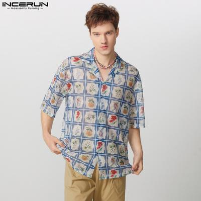 Sommer Herren Kurzarm Blumenmuster Spitze Durchsichtig Tops Hemden