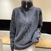 Women's Retro High Neck Cable Knit Wool Pullover - Autumn/Winter Korean Style Half-Zip Sweater