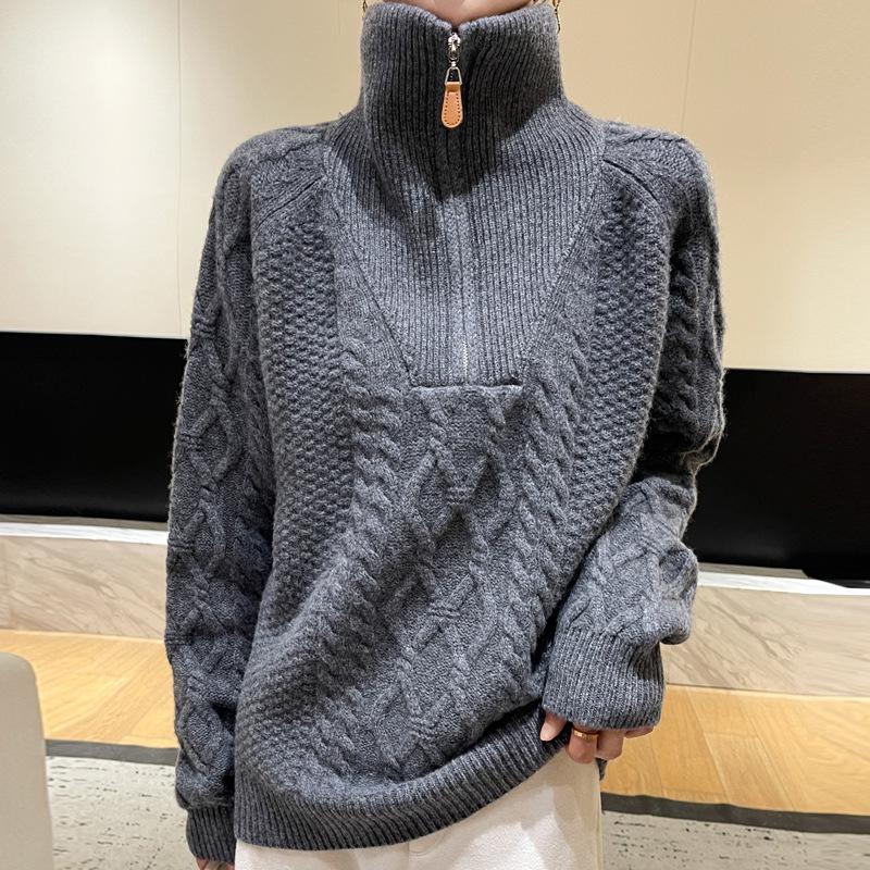 Women's Retro High Neck Cable Knit Wool Pullover - Autumn/Winter Korean Style Half-Zip Sweater