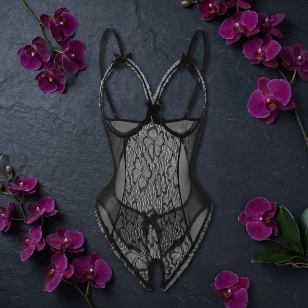 Deep V Women Underwear Open Crotch Lace Sling Nightwear Sweet Lace Bow Bodysuit Gifts