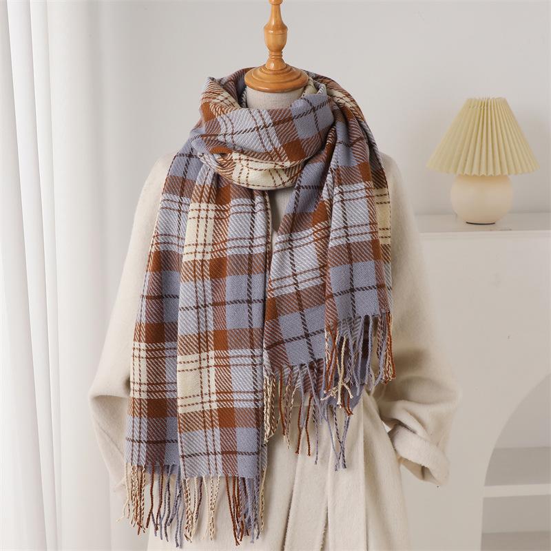 Korean Retro Plaid Autumn and Winter Warm and Cold Scarf Shawl Commuting Versatile Couple Tassel Imitation Cashmere Scarf