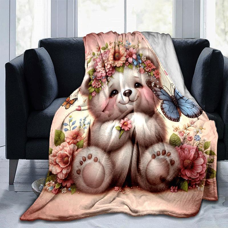 1pc Bear Butterfly Printing Lightweight Flannel Blanket, Comfortable and Warm Blanket, for Camping Sofa Bed and Couch Office, Suitable for Gi