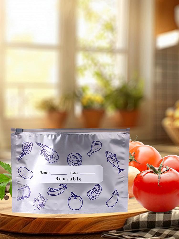 Reusable Aluminum Foil Vacuum Zipper Pouches with Label Freezer Safe & Leak Proof Stand Up Storage Bags for Vegetable Fruit Meat