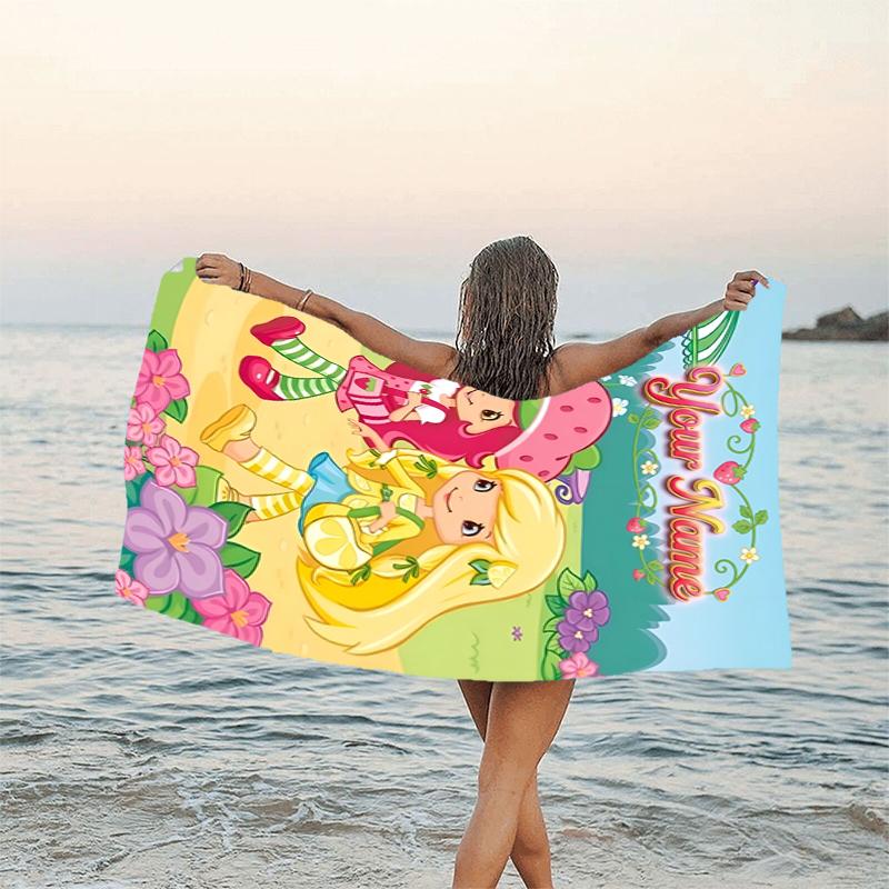 1pc Princess Strawberry Beach Towel with Custom Name, Beach and Seaside Swimming Pool Equipment, Fashion Pattern, Rectangular, Travel Essential