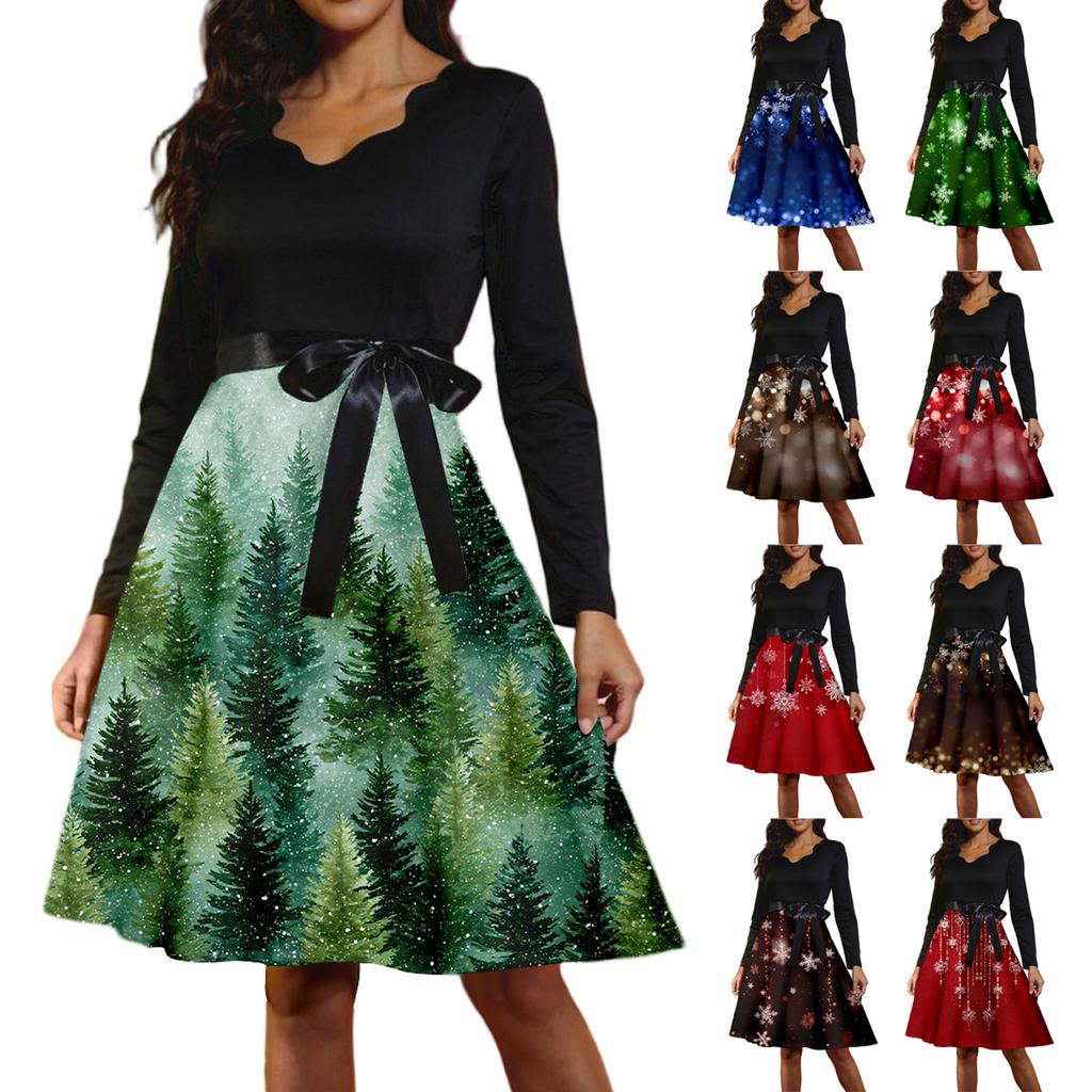 Women's Casual Fashion Long Sleeve Christmas Graphic Printed Vintage Long Dresses