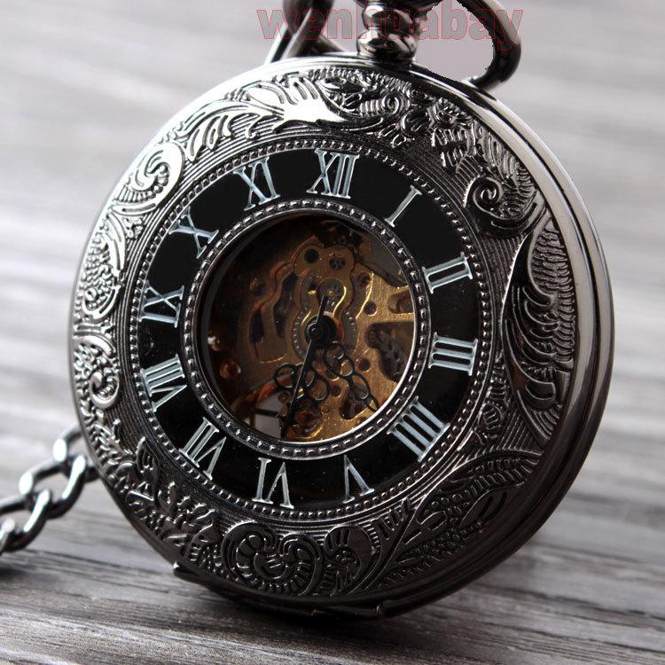 Large Mechanical Pocket Watch Fashion Classic Retro Black Hollow Roman Men'S And Women'S Pendant Watch