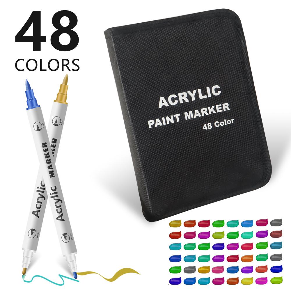 ART WALKER Dual Tip Acrylic Marker Pen Canvas Bag Set Waterproof Paint Marker Pen Brush&Round Tip Pen for Student Drawing