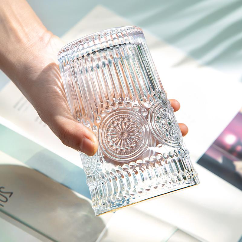 GIANXI 300ml Nordic Style Glass Cup Embossed Design With Gold Rim Tea Cups Thickened Heat Resistant Retro Transparent Teacup Set