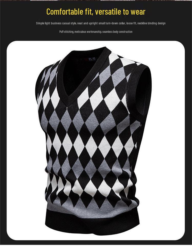 Men's Trendy V-Neck Plaid Color Block Knit Vest - Autumn/Winter Casual Warm Layer