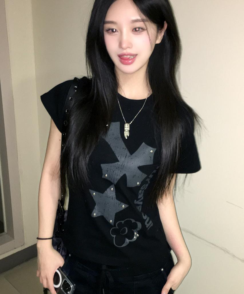 Awoseiawo Cross Flower Studded Short Sleeve Tee Black