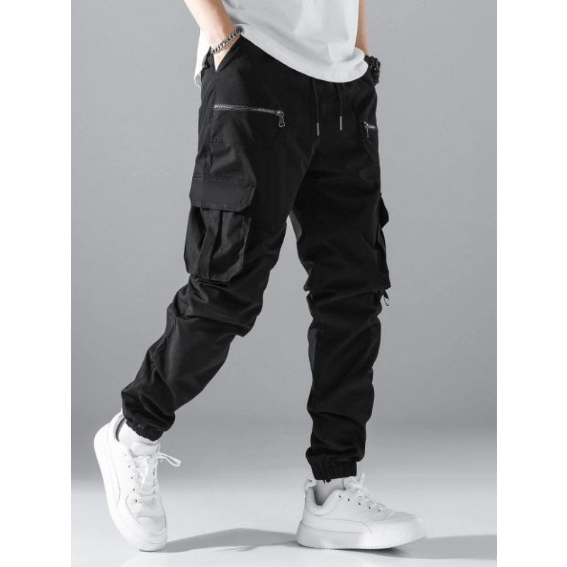 Men Elastic Waist Cargo Pants Multi Zipper Pocket Joggers Casual Streetwear Outdoor Slim Long Trousers
