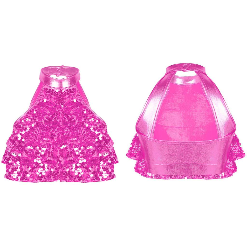 Kids Girls Shiny Sequins Tiered Sleeveless Tank Top Modern Dance Costumes Gymnastic Dancewear