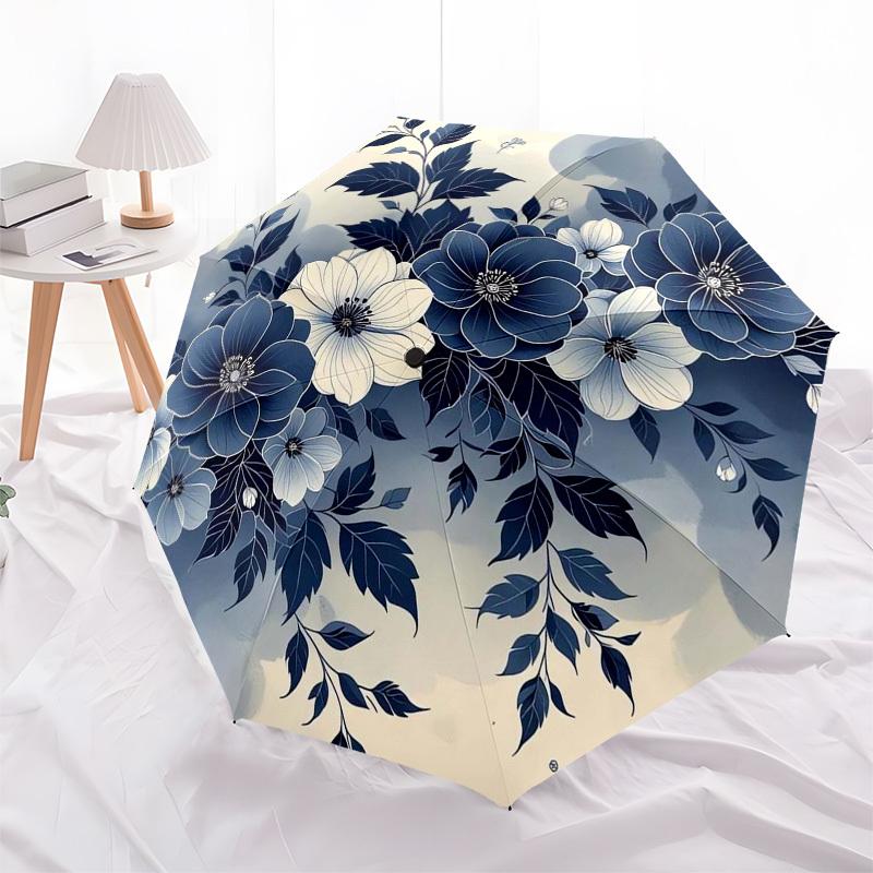 

1 шт. Сине-белый круглый зонт с цветочным узором и пластиковой ручкой, подходит для всех сезонов Umbrellaptys26056