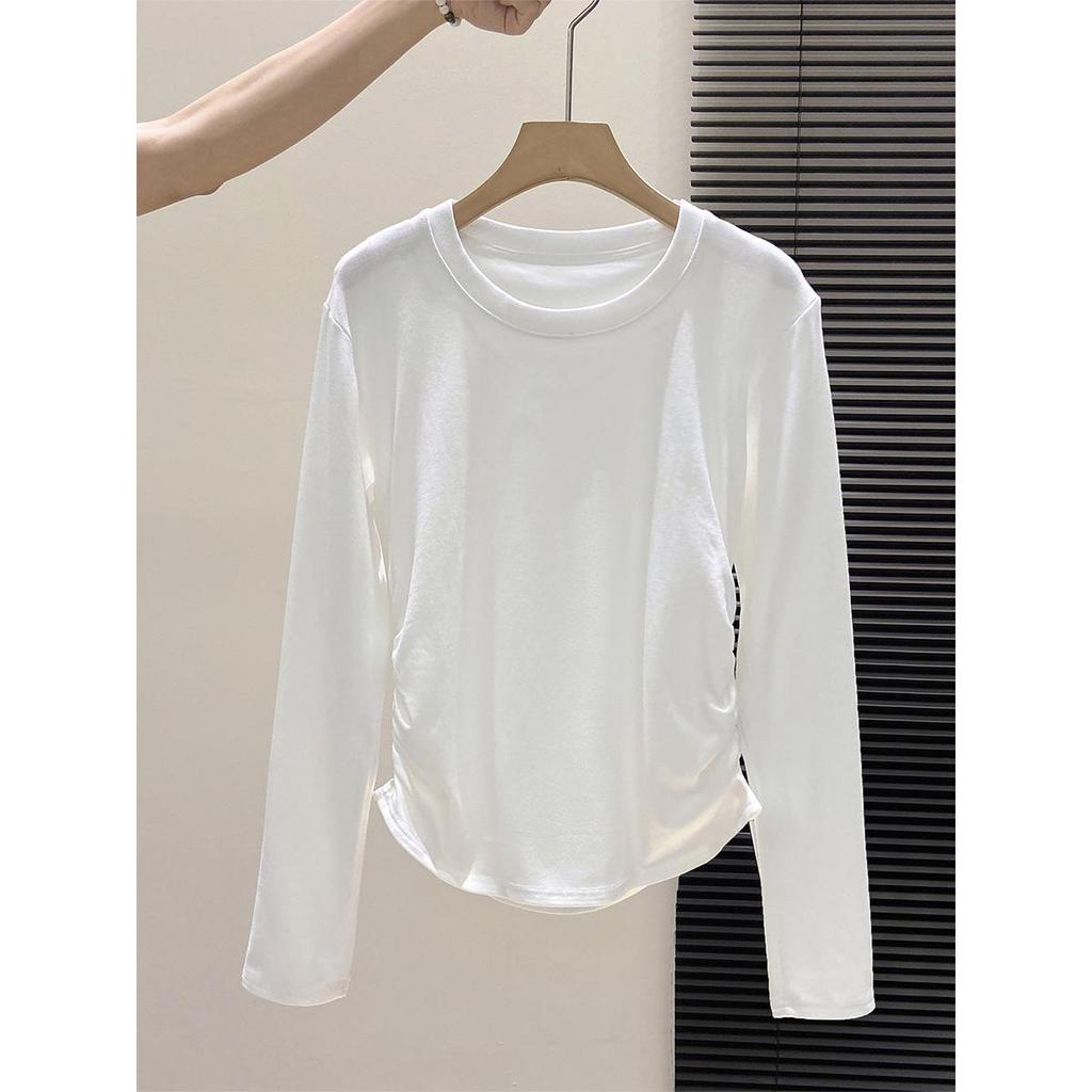 Vielseitiges Damen-Einfarbiges Rundhals-Schmal geschnittenes T-Shirt - Langarm, Raffung, Gebürstete Basisschicht für Frühling, Herbst, Winter.