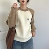 Women's Color-Block Crew Neck Raglan Sleeve Sweater Loose Outer-Wear Thickened Long-Sleeve Top Versatile Knitwear for Autumn & Winter