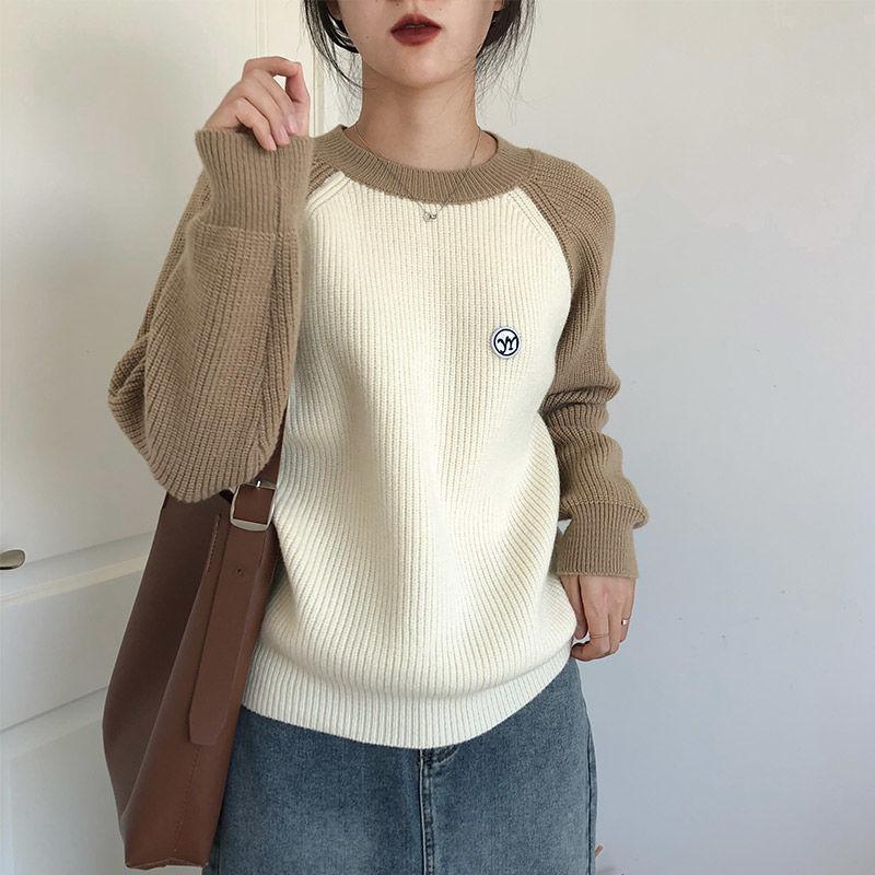 Women's Color-Block Crew Neck Raglan Sleeve Sweater Loose Outer-Wear Thickened Long-Sleeve Top Versatile Knitwear for Autumn & Winter