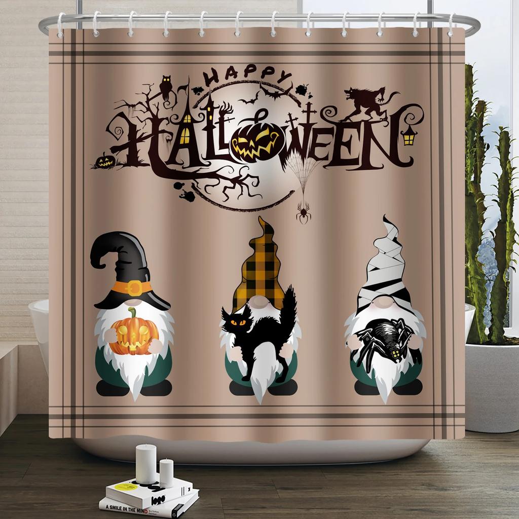 Halloween Shower Curtain Funny Horror Pumpkin Bat Cartoon Cat Happy Halloween Bathroom Curtain for Kids Waterproof Bath Curtain