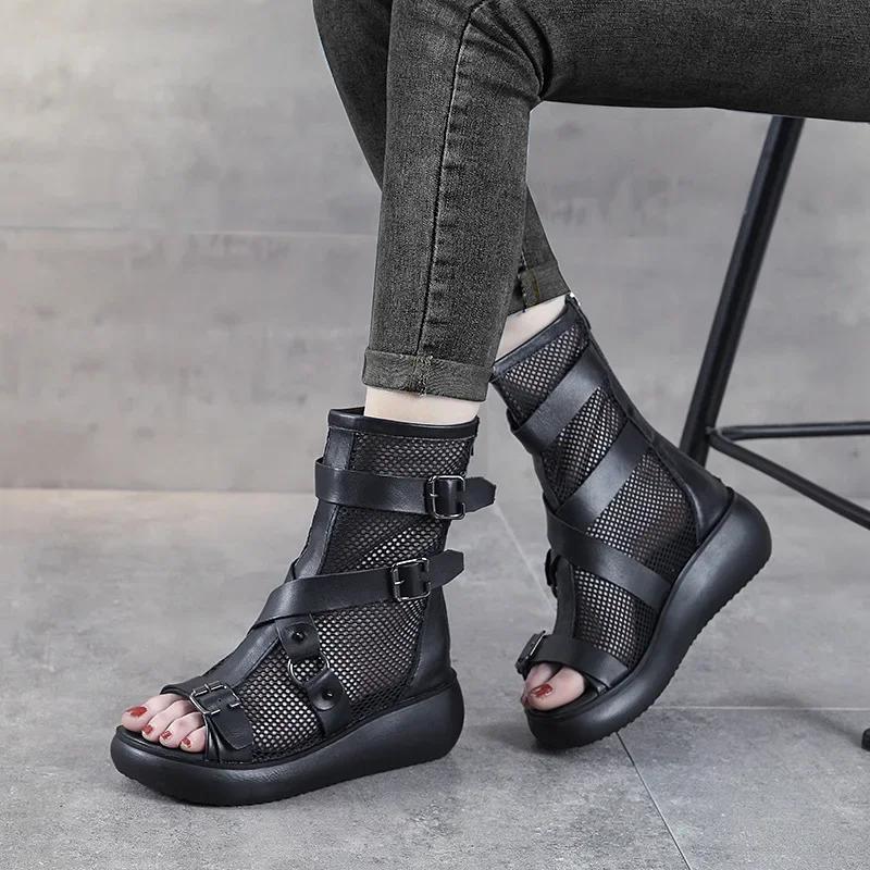 Fashion 6CM New Fashion Women Wedges Sandals Summer Air Mesh Cool Boots Ladies Genuine Leather Open Toe Platform Gladiator Sandals Black