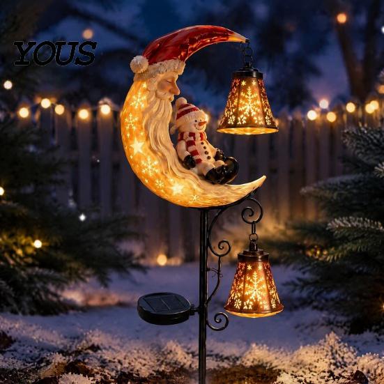 Festive Garden Stake Lights Solar Snowman/Ghost Moon Light, Waterproof Metal Sculpture, Decorative Iron Ground Insert Powered Lamp for Outdoor Pathway