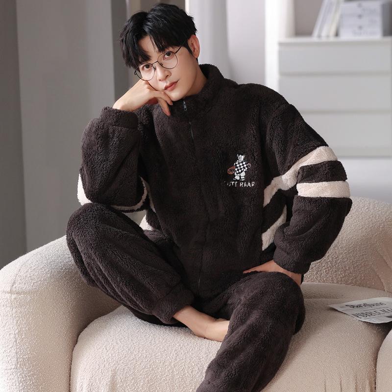 

Коралловый флис Мужская пижама Зимний кардиган на молнии Водолазка Носимая фланелевая домашняя одежда Спортивный костюм XXXL