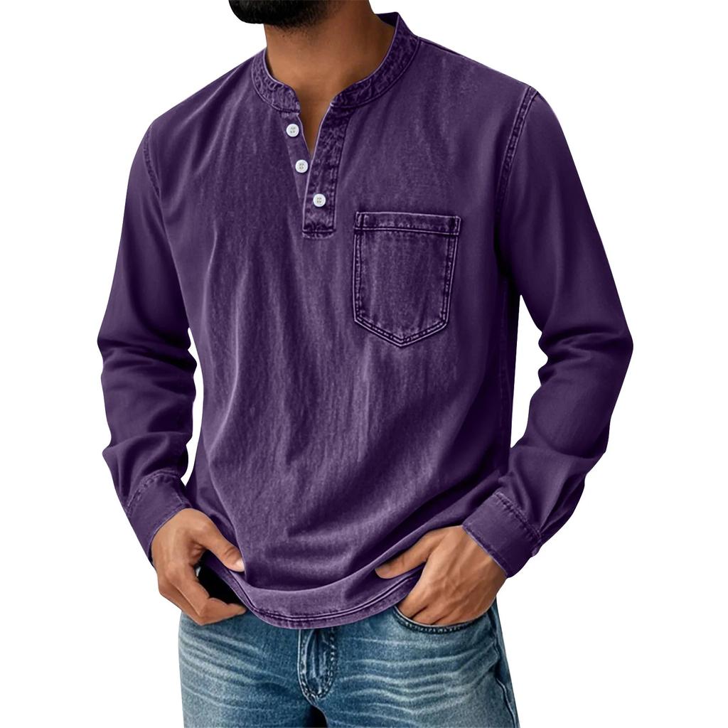 Men's Henley Long Sleeve T-Shirt Vintage Washed Denim Casual Tops Button Down Crew Neck Loose Fit Daily Streetwear for Men