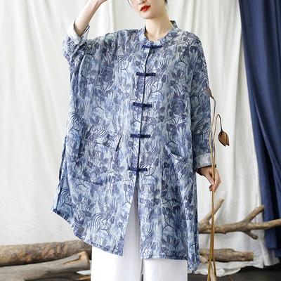 Women Print Floral Blue Ramie Shirts Tops Stand Bat Sleeve Loose Blouses Autumn Patchwork Pcokets Shirts