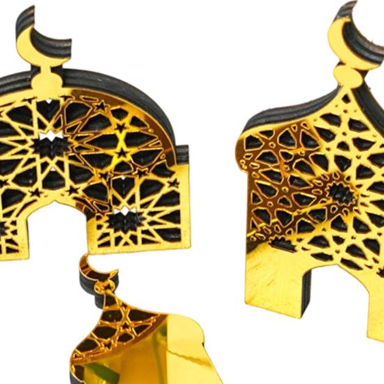 Gold Acrylic Table Art 3PCS Ramadan Golden Castle Ornament, Hollow Mosque Design, Thick Wood And Decorative Wooden Signs Desktop Accents, Religious