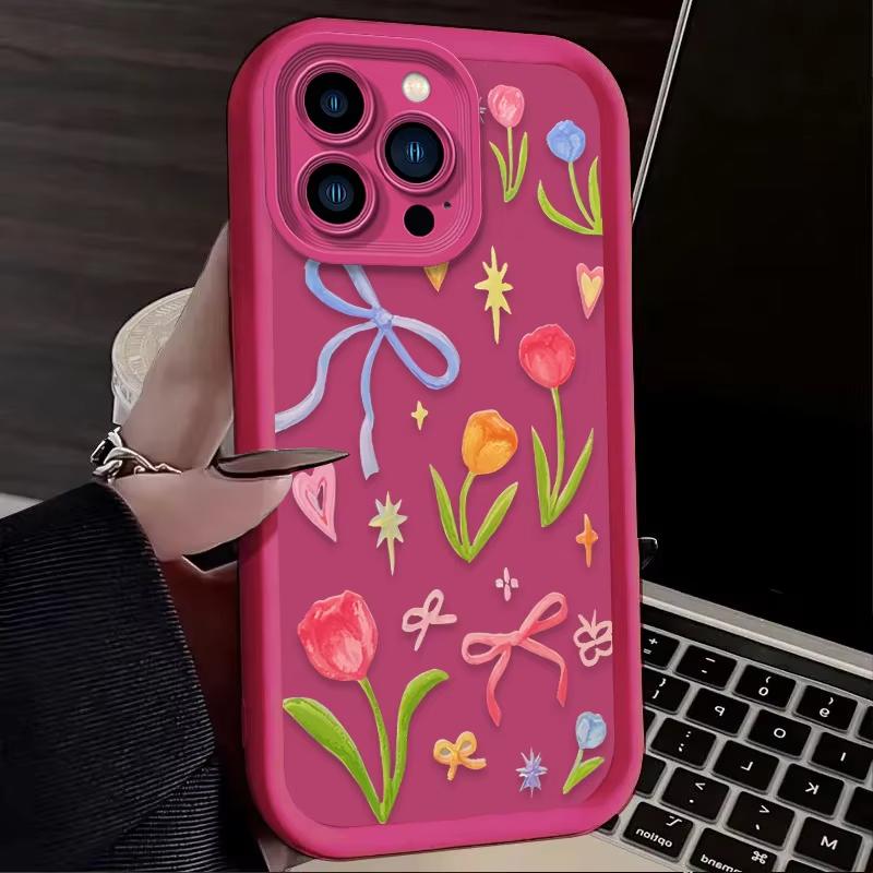 Color Flower Bow Pattern Phone Case For iPhone 16e 16 Pro Max 15 14 Plus 13 12 Mini 11 Pro Shockproof Silicone Soft Back Cover