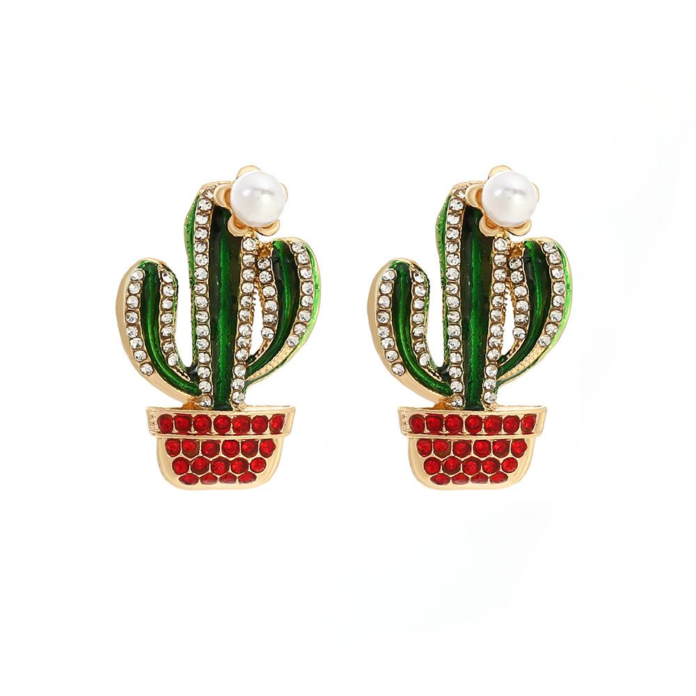 

Metal Rhinestone Cactus Plantstud Earrings for Women New Trend Simple Design Zircon Party Accessories разноцветный