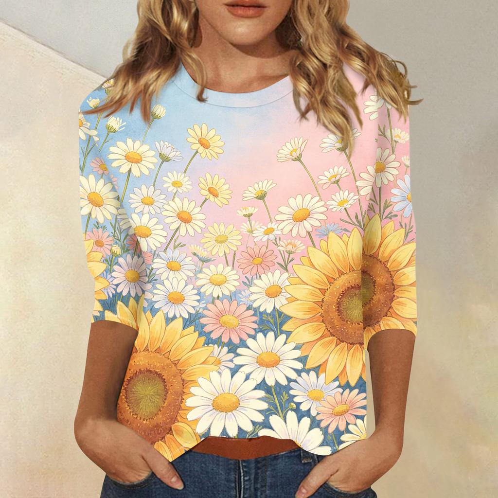 Women's Casual Floral Print Three Quarter Sleeve Round Neck Top Lightweight Comfortable Fit Versatile Everyday Wear