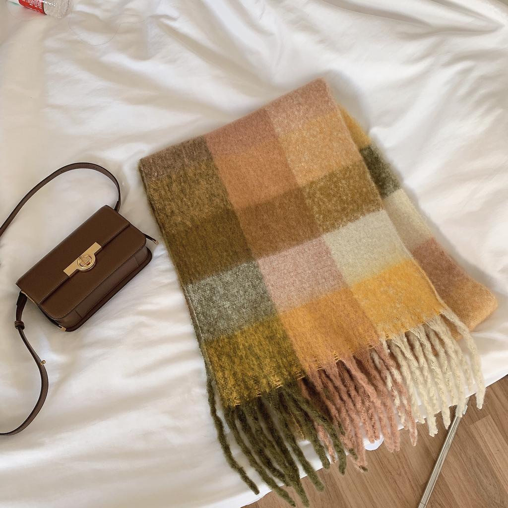 Herbst Winter Damen Verdickter Übergroßer Blauer Karoschal mit Fransen Fleece-ähnlicher Kaschmir Warmer Nackenwärmer Studenten Großer Schal