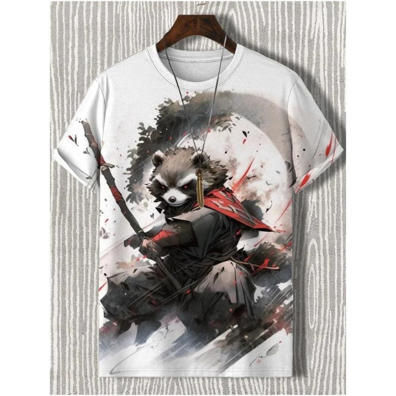 Men's T-Shirt Japanese Style Samurai Cat Graphic 3D Printed T-Shirt Casual Short Sleeved Tee Outdoor Oversized Men Clothing Tops